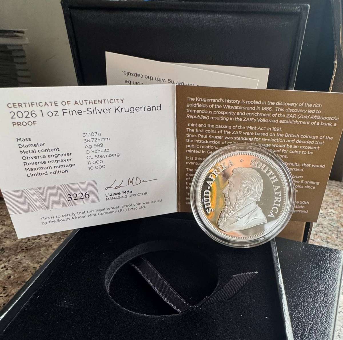 2026 KRUGERRAND 1oz SILVER PROOF - SAMINT AS ISSUED & CERTIFIED