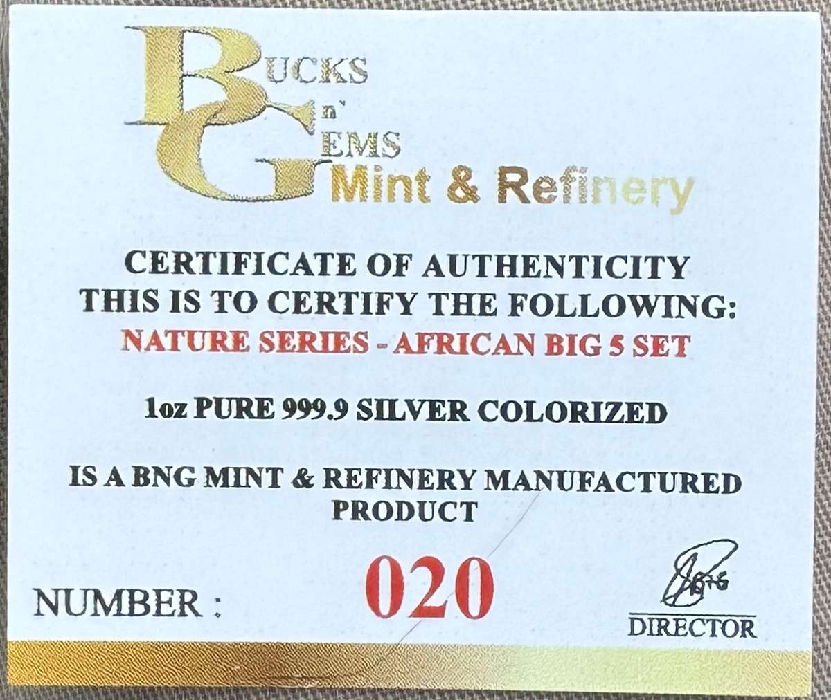 2024 NATURE SERIES OF SOUTH AFRICA "AFRICAN BIG 5 COIN SET " 1oz FINE 999.9 SILVER COLORIZED BULLION