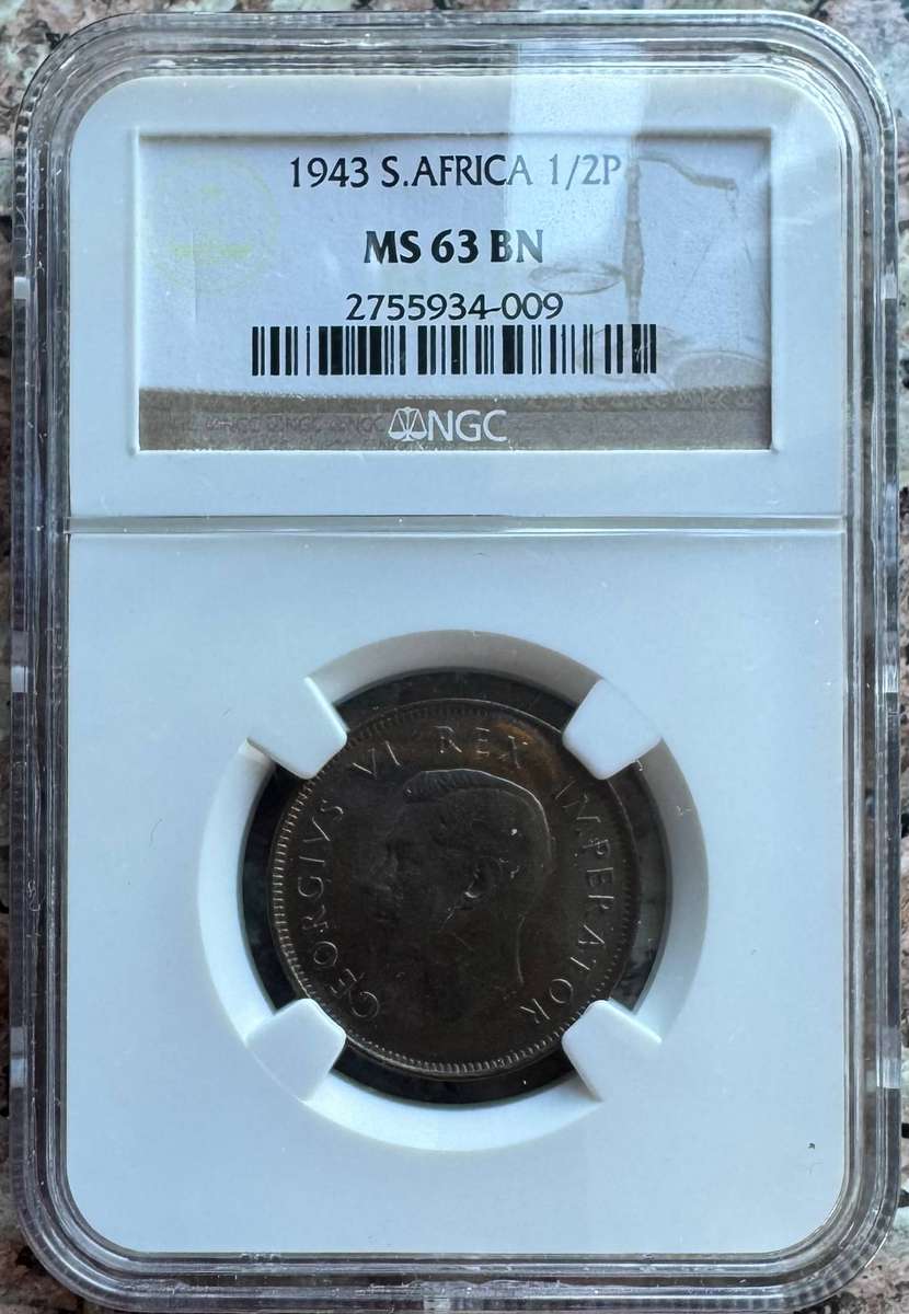 1943 UNION SA 1/2 PENNY - MS63BN- NGC GRADED