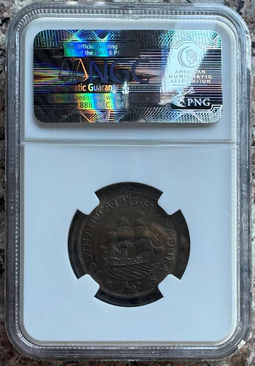 1943 UNION SA 1/2 PENNY - MS63BN- NGC GRADED