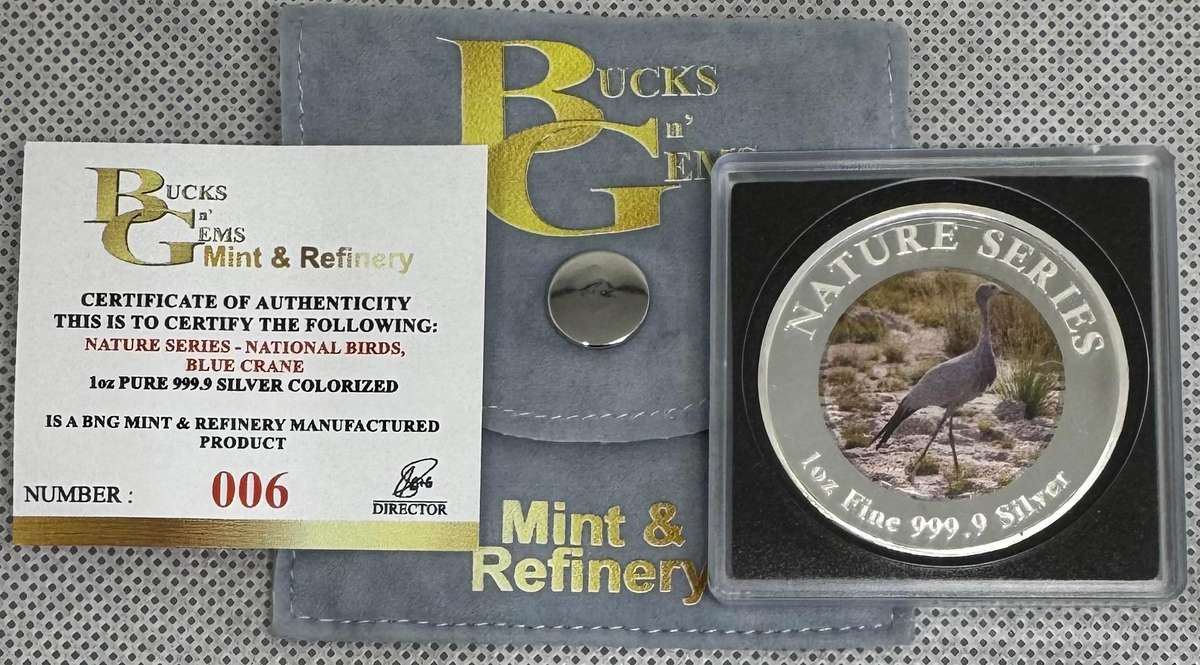 1oz SILVER 999.9 FINE - 2024 NATURE SERIES "NATIONAL BIRDS BLUE CRANE" COLORIZED - CERTIFIED & MINT