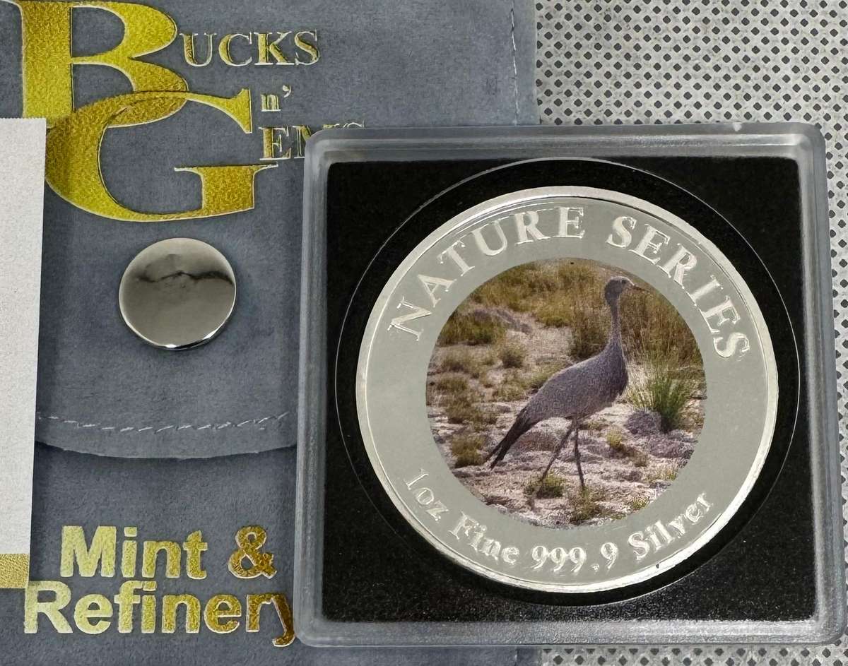1oz SILVER 999.9 FINE - 2024 NATURE SERIES "NATIONAL BIRDS BLUE CRANE" COLORIZED - CERTIFIED & MINT