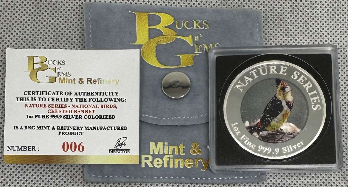 1oz SILVER 999.9 FINE - 2024 NATURE SERIES "NATIONAL BIRDS CRESTED BARBET" COLORIZED - CERTIFIED & M