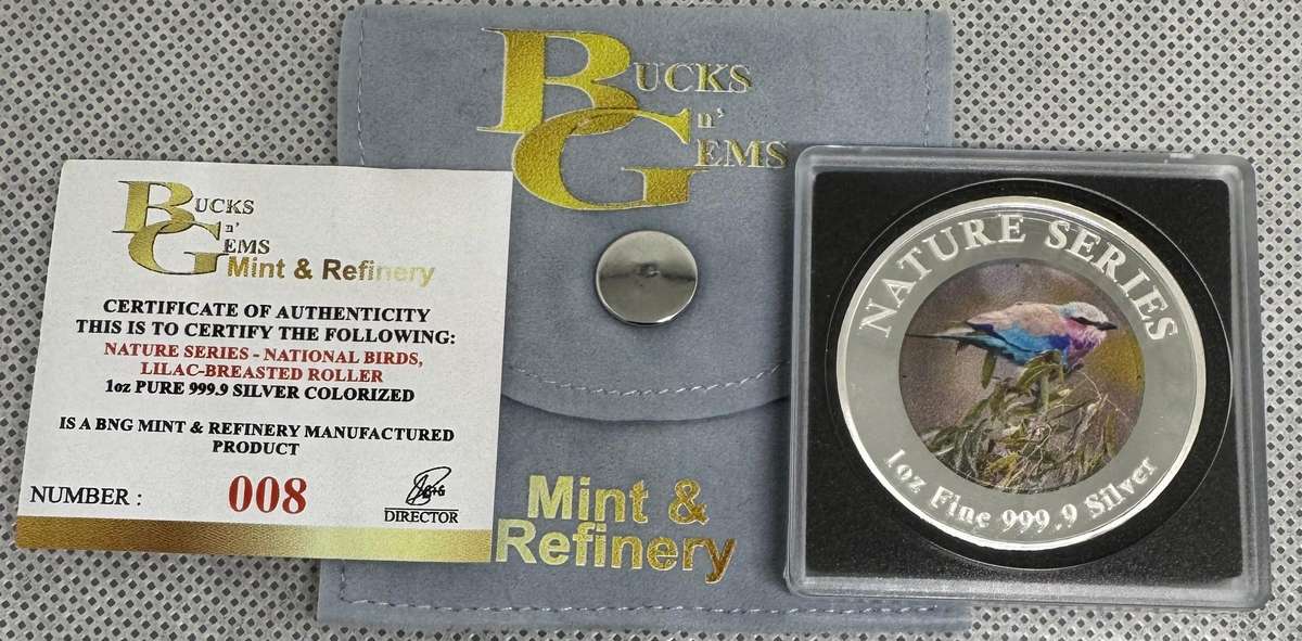 1oz SILVER 999.9 FINE - 2024 NATURE SERIES "NATIONAL BIRDS LILAC-BREASTED ROLLER" COLORIZED - CERTIF