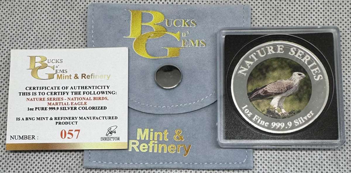 1oz SILVER 999.9 FINE - 2024 NATURE SERIES "NATIONAL BIRDS MARTIAL EAGLE" COLORIZED - CERTIFIED & MI