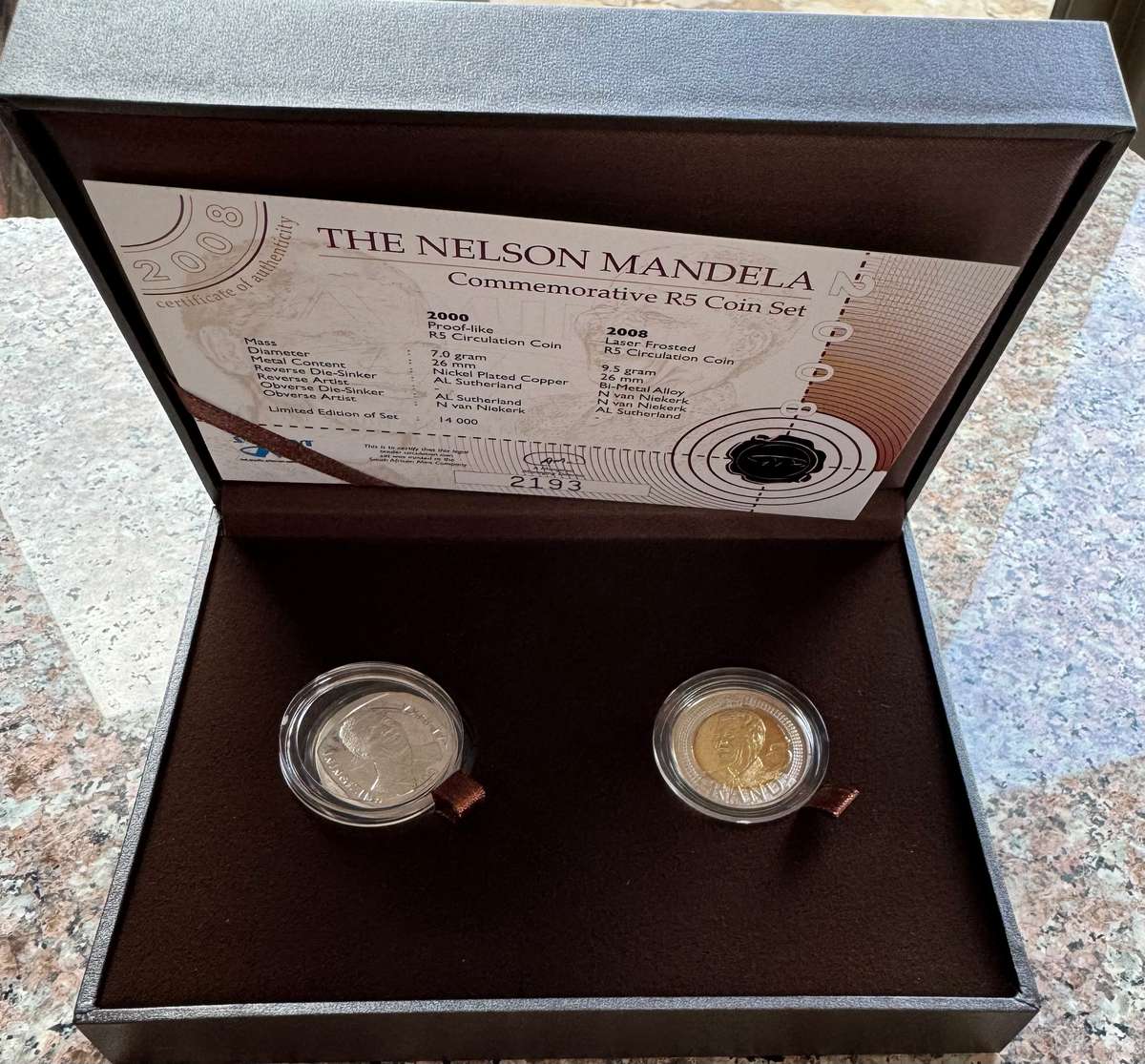 2008 MANDELA R5 - 90th BIRTHDAY COMMEMORATIVE LAZER FROSTED & PROOFLIKE 2000 R5 SET - ORIGINAL