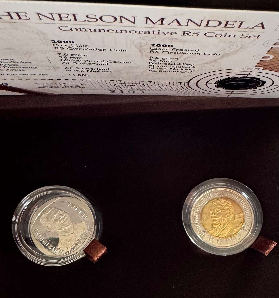 2008 MANDELA R5 - 90th BIRTHDAY COMMEMORATIVE LAZER FROSTED & PROOFLIKE 2000 R5 SET - ORIGINAL