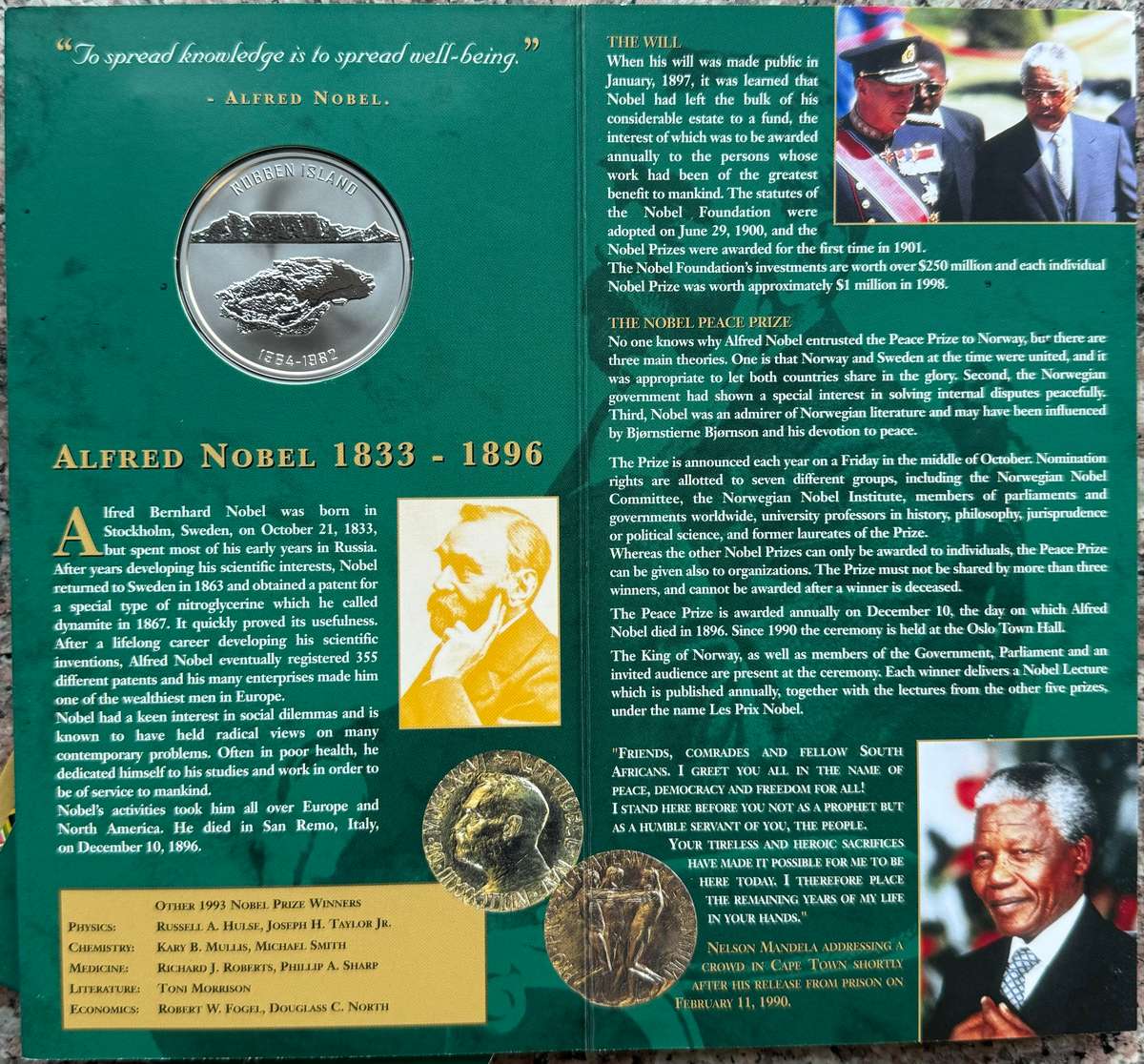 2001 MINT OF NORWAY - ROBBEN ISLAND MEDALLION IN ORIGINAL CARD - 1oz SILVER