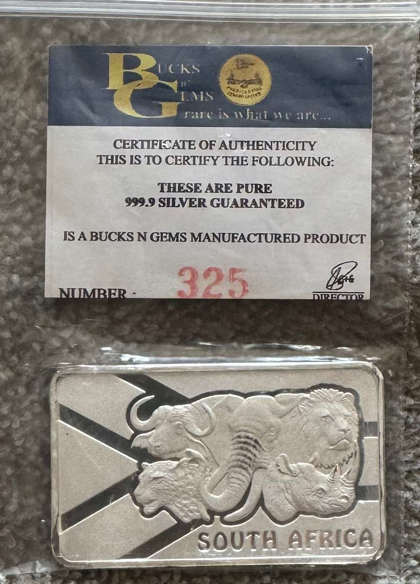 1oz PURE SILVER PROOF BAR *AFRICAN BIG 5 MINTED* BUCKS `n GEMS BAR + CERTIFICATE