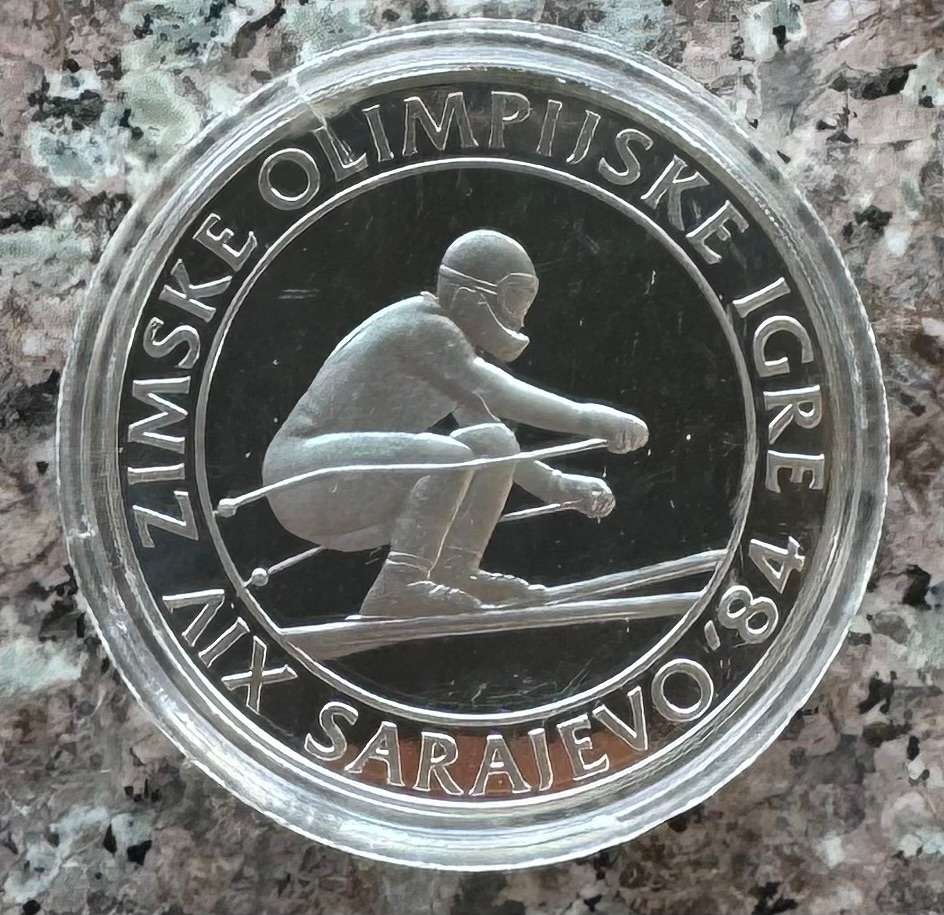 1984 YUGOSLAVIA 500 DINARA WINTER OLYMPICS - DOWNHILL SKIING - 925 SILVER PROOF