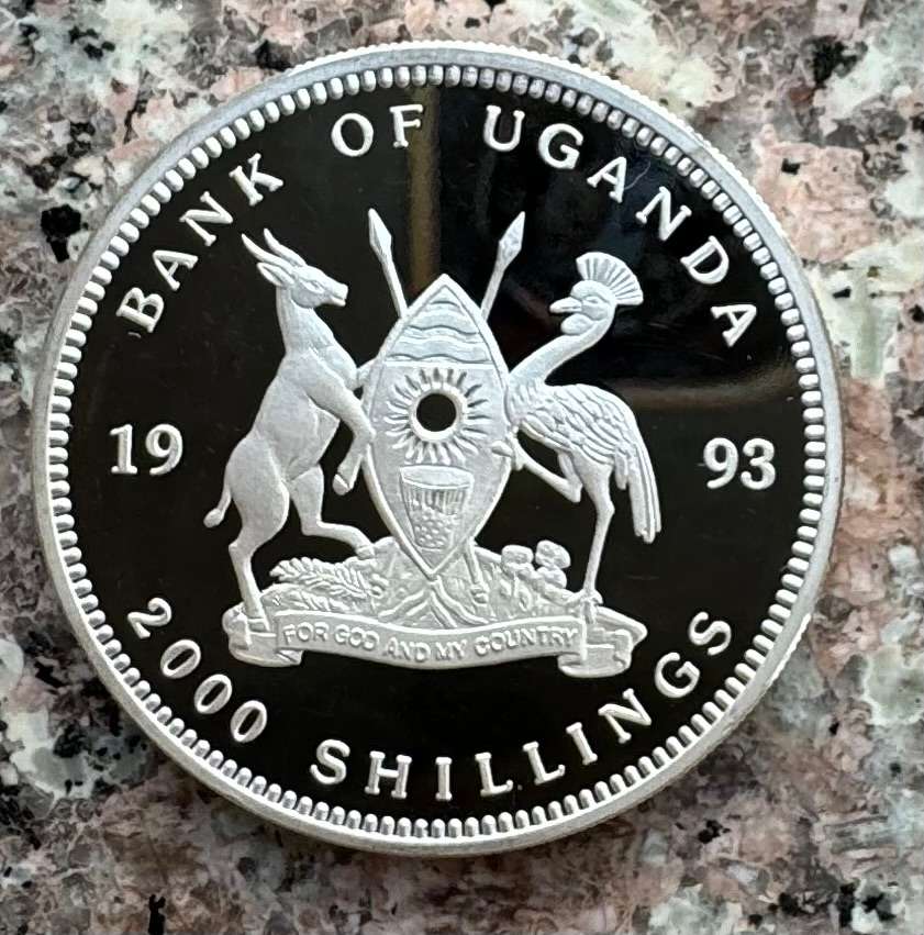1993 UGANDA 2000 SHILLING - 1oz SILVER 999.9 - ELEPHANT WITH CALF