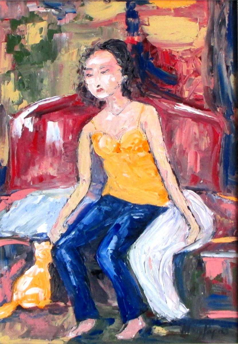 Girl with Cat, Oil Painting