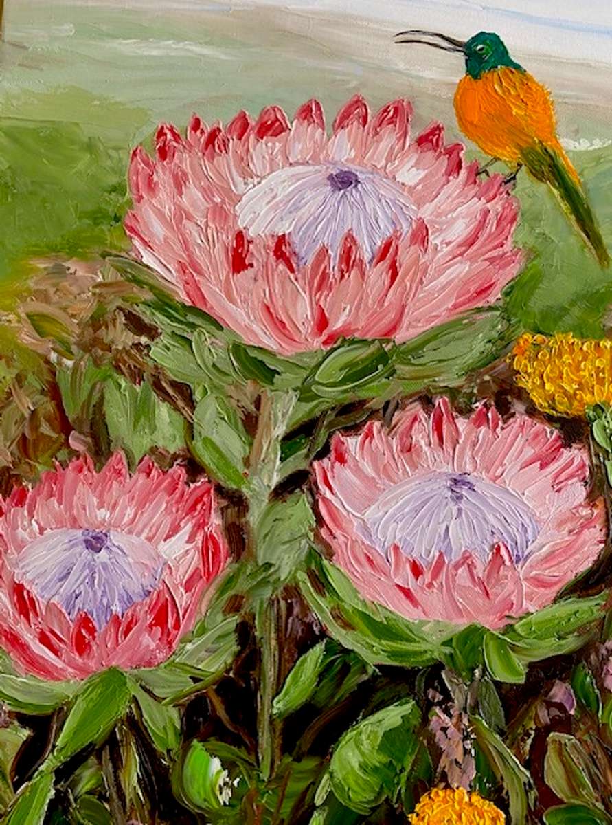 Protea in the Valley, oil painting by Mary Papas