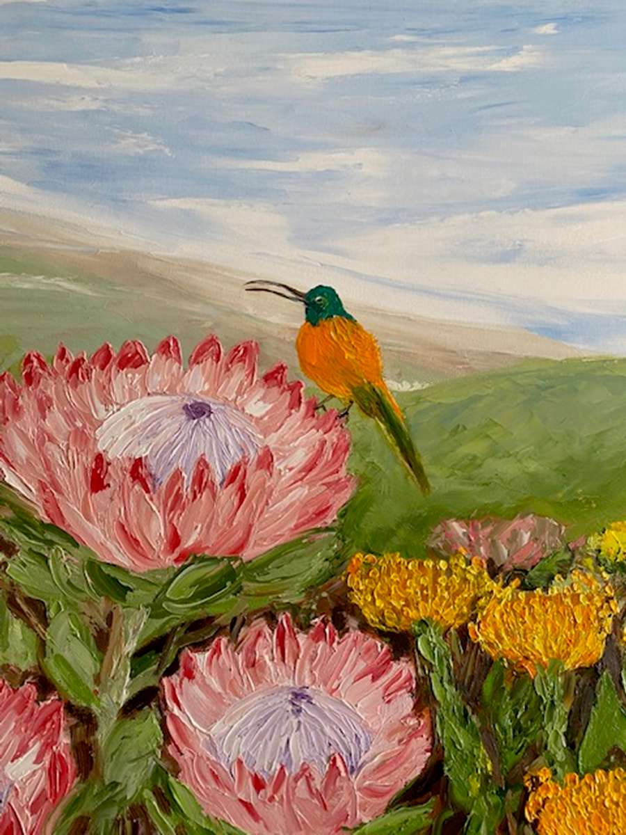 Protea in the Valley, oil painting by Mary Papas
