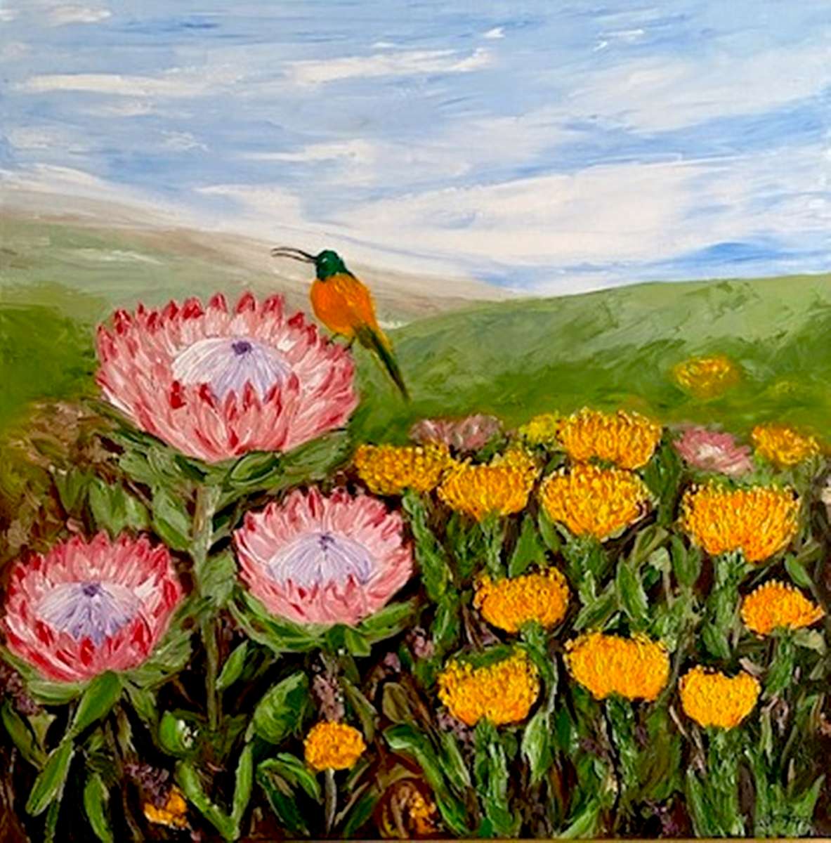 Protea in the Valley, oil painting by Mary Papas