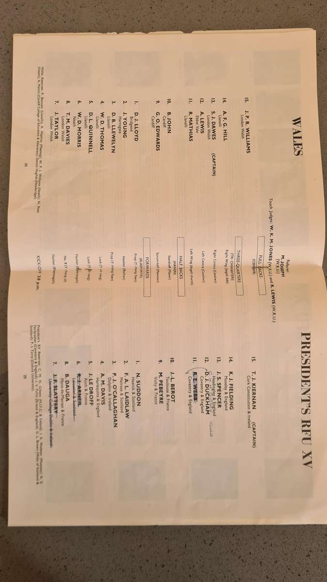 Wales Rugby Programme 1970 - Cardiff Arms Park