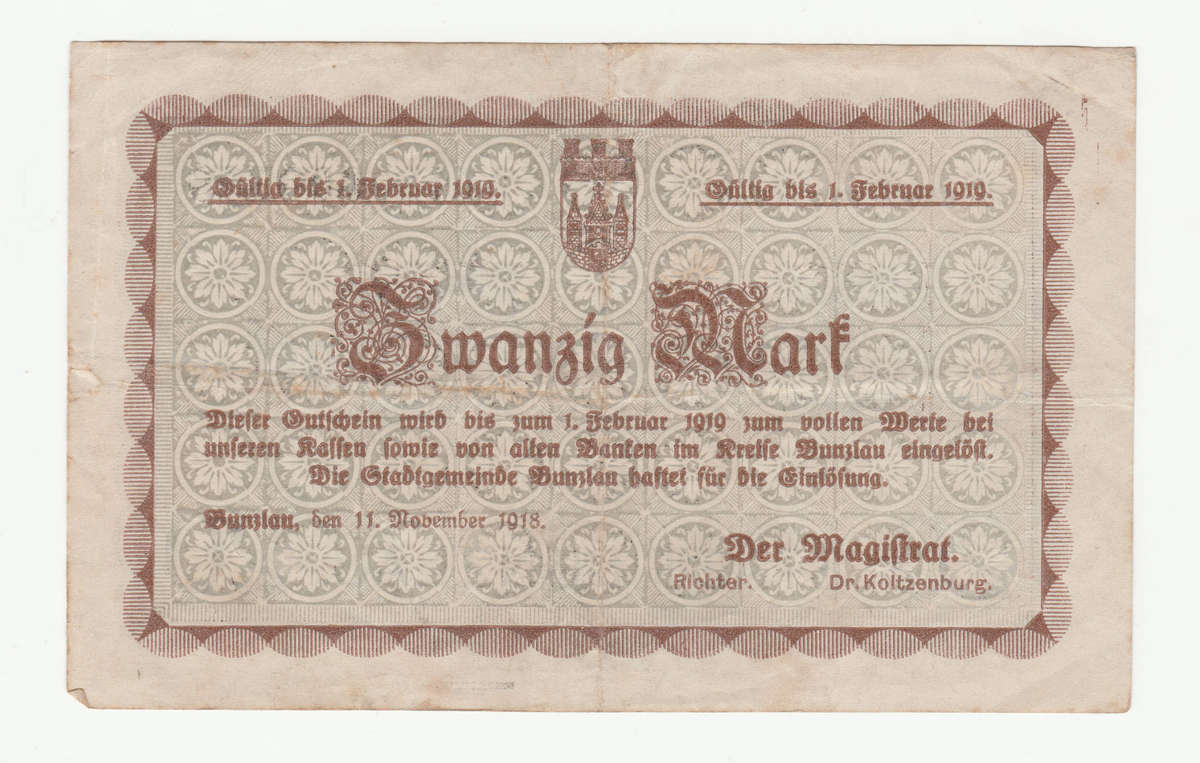 1919 German Bunzlau Stadt 20 Mark Low serial 000768
