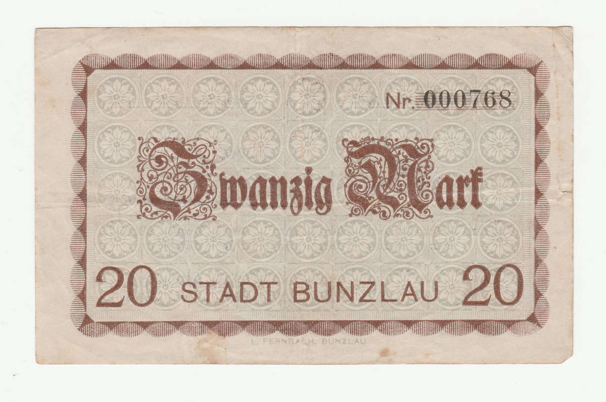 1919 German Bunzlau Stadt 20 Mark Low serial 000768