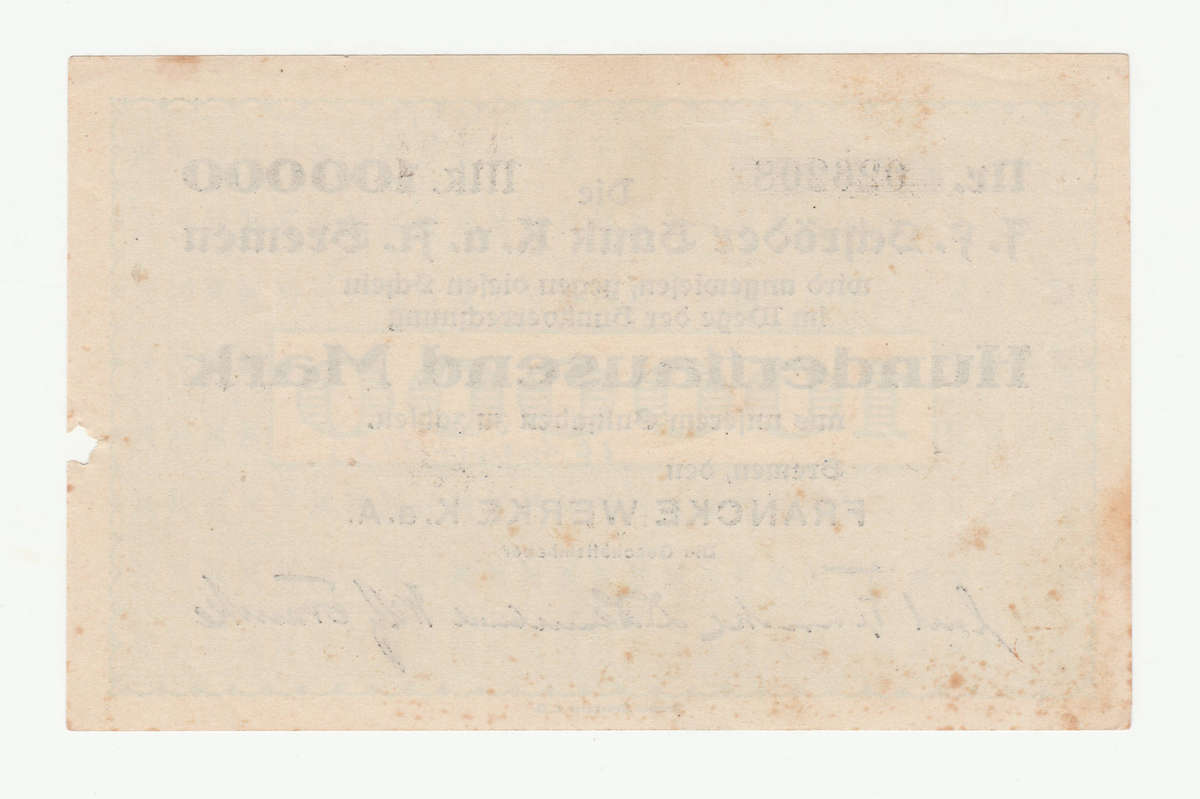 1923 German Bank of Bremen 100 000 Mark, Franke Werk K.a.A business issue note