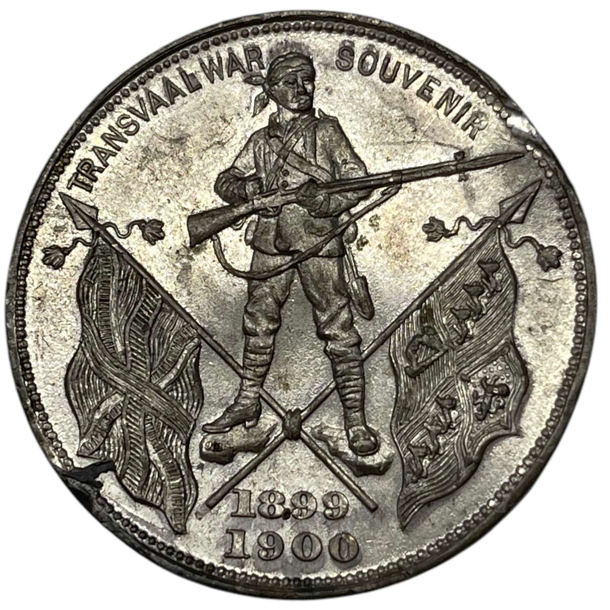 1900 ZAR Boer War, Gentleman in Kharki, Transvaal War Souvenir White Metal Medal/Brooch Hern#568, ri