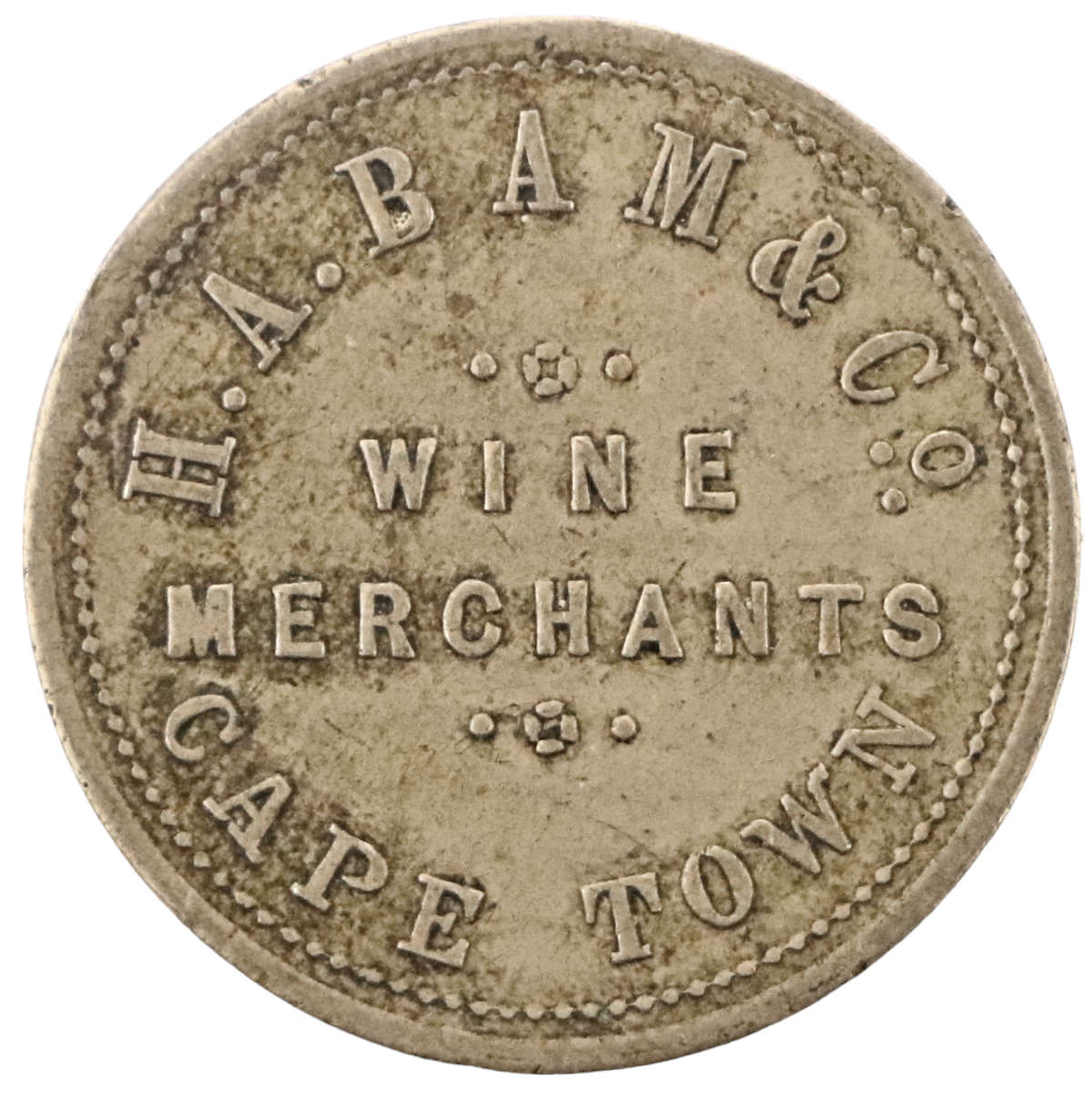 1880-1906 South Africa H.A. BAM & Co. Wine Merchants Cape Town Bottle Deposit Token 21mm 2,5g Hern#3