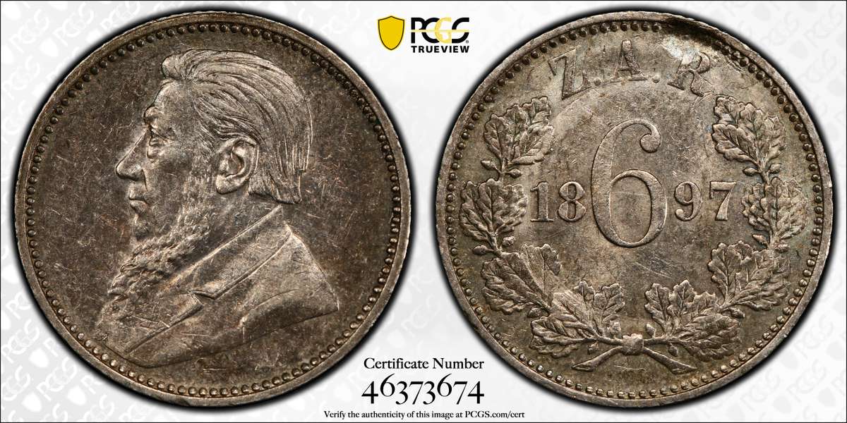 Error 1897 ZAR 6 Pence Graded AU 55 Mint Error Struck Through Reverse by PCGS