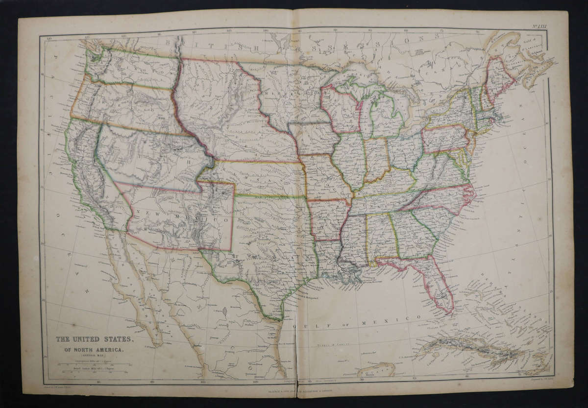 1859 The United States Of North America by J. W. Lowry- Has a tear in bottom middle, 54.5cm x 37cm