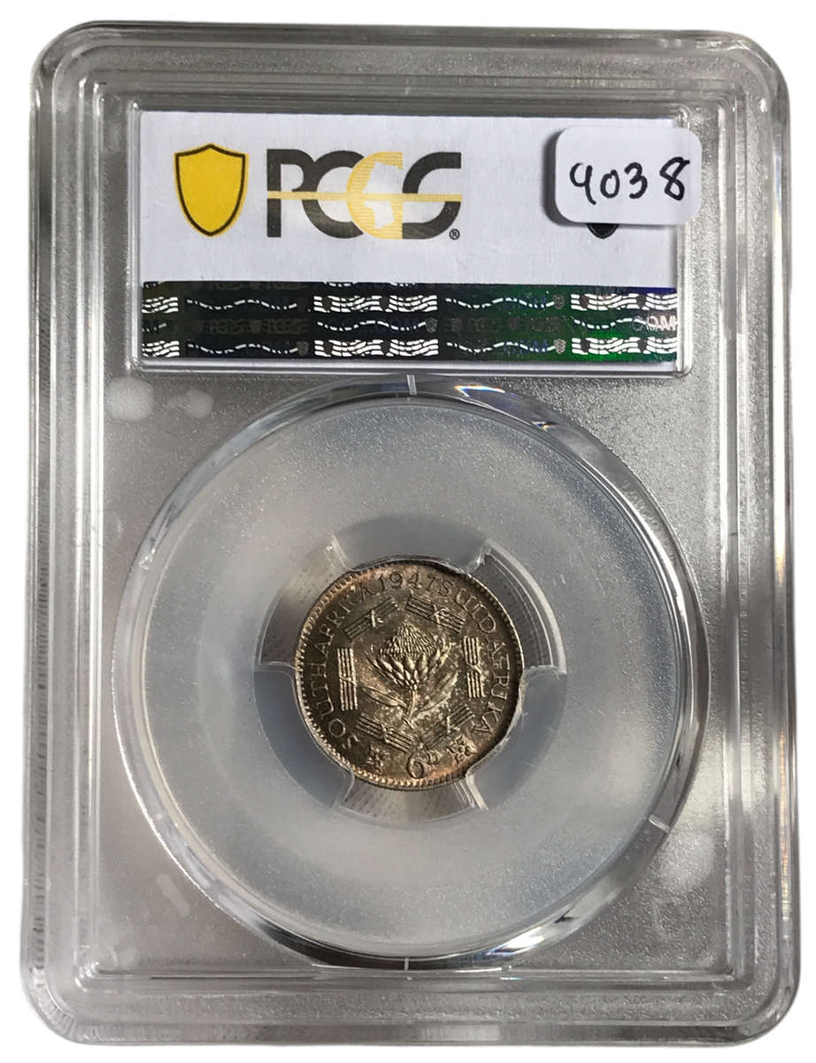 1947 South African 6 pence Graded MS 65 by PCGS