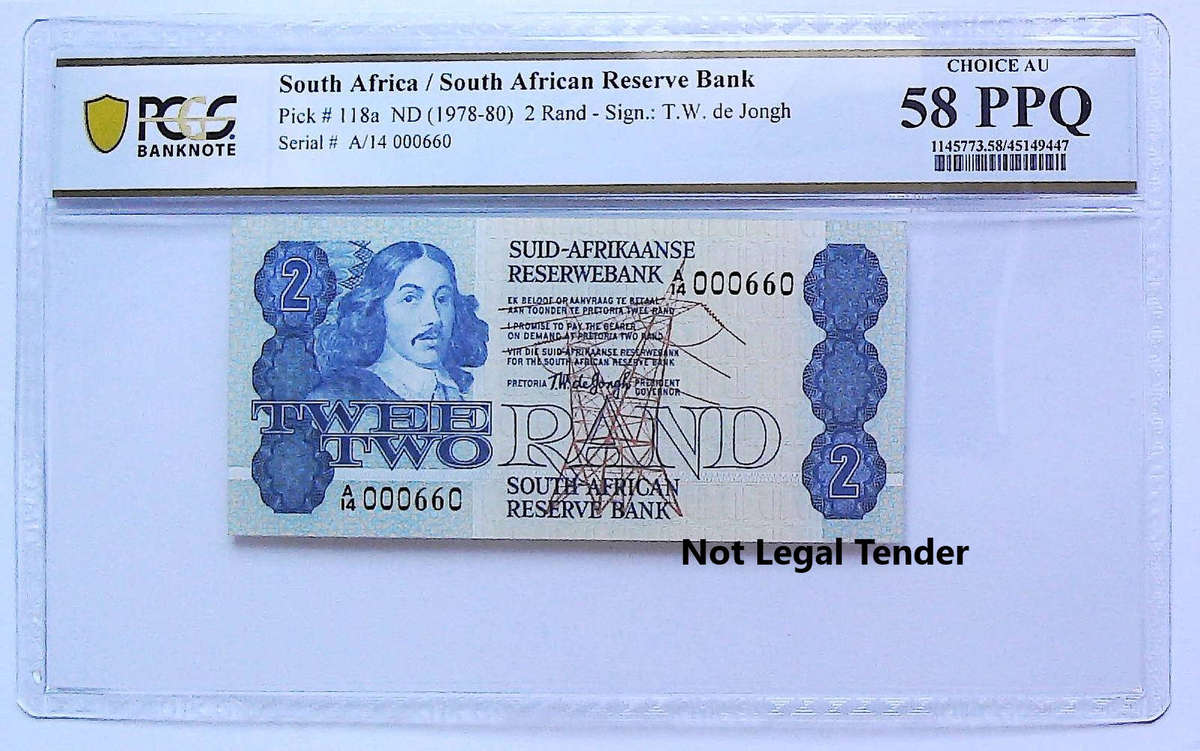 1978 South Africa Type 7 TW De Jongh Fourth Issue R2 Low Serial "000660" Graded Gem UNC 58 PPQ by PC