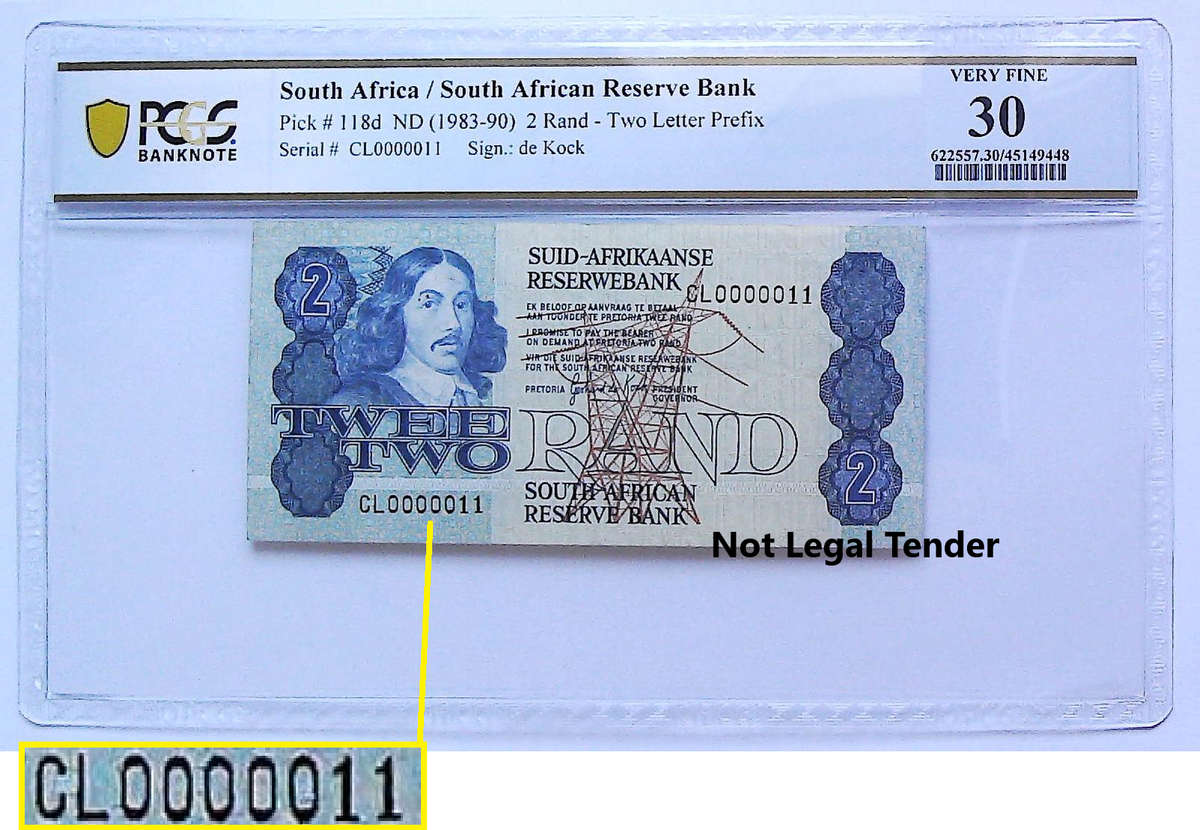 Low Serial "0000011" 1984 South Africa Type 11 Third Issue GPC De Kock R2 Graded VF30 by PCGS