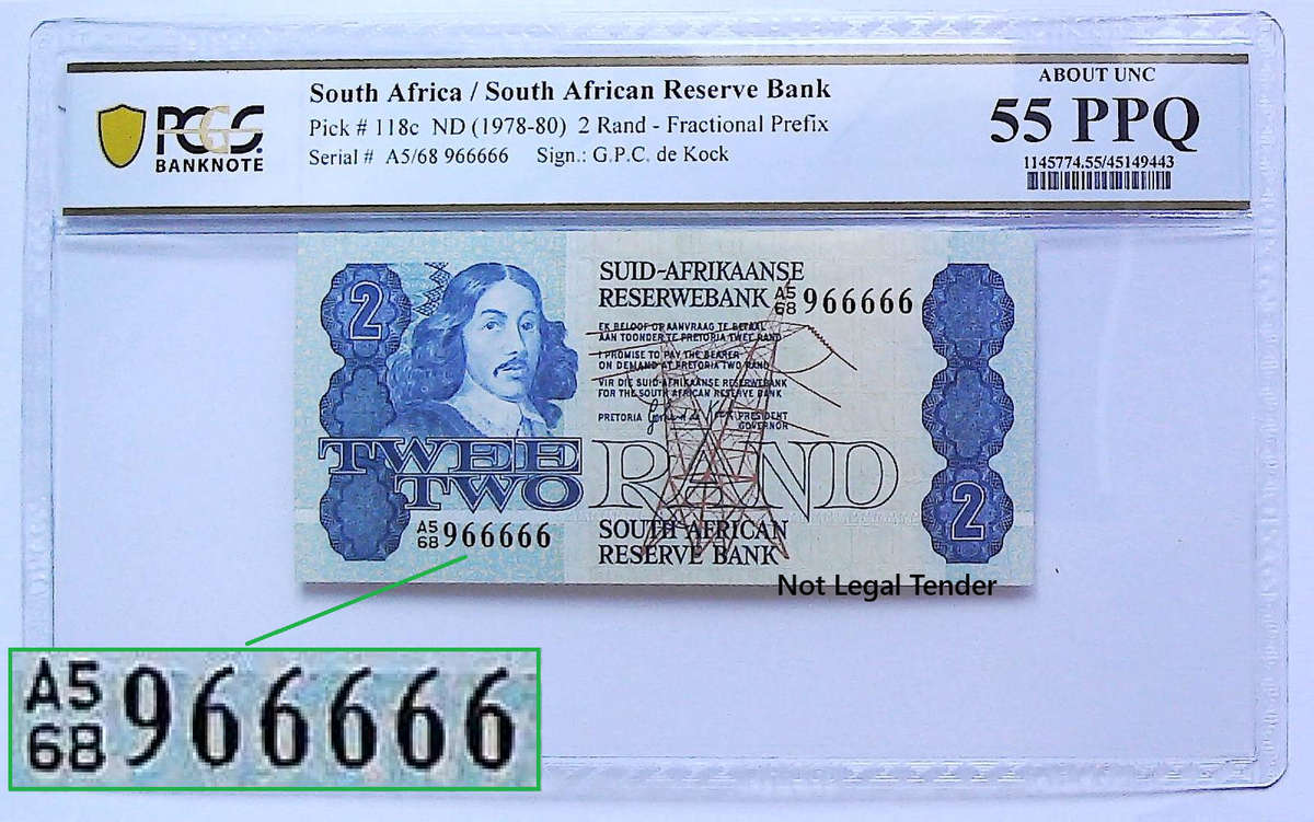 1981 South Africa GPC De Kock Second Issue Type 9 Fancy Serial  "966666" Graded About UNC 55 PPQ by