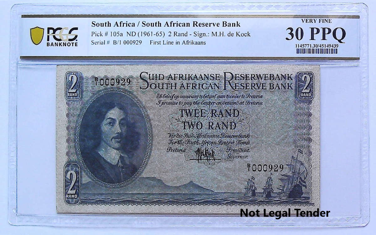 1961 South Africa Type 1 Fourth Issue MH De Kock 2 Rand Low Serial " B1 000929" Graded VF 30 PPQ by