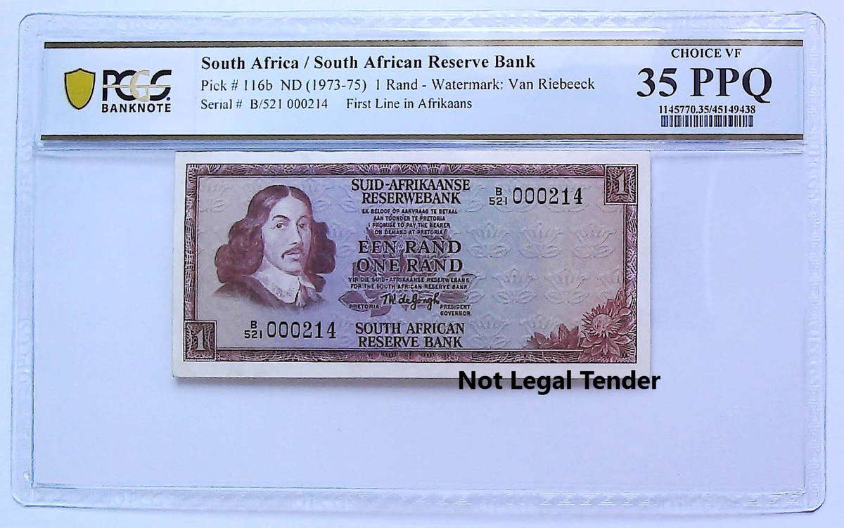 1975 South Africa Type 11 Third Issue TW De Jongh 1 Rand Low Serial "000214" Graded Choice VF 35 PPQ