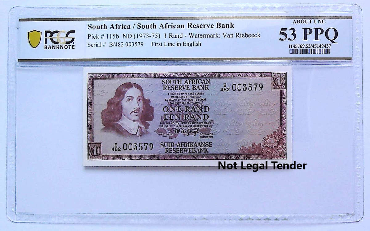 1975 South Africa Type 11 Third Issue TW De Jongh 1 Rand Low Serial "003579" Graded About UNC 53 PPQ