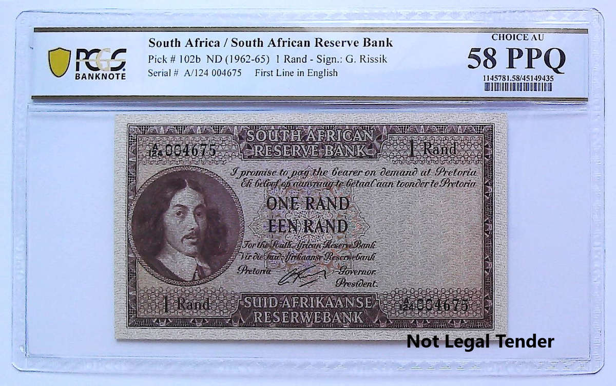 1962 South Africa Type 3 First Issue G Rissik 1 Rand Low Serial "004675" Graded Choice AU 58 PPQ by
