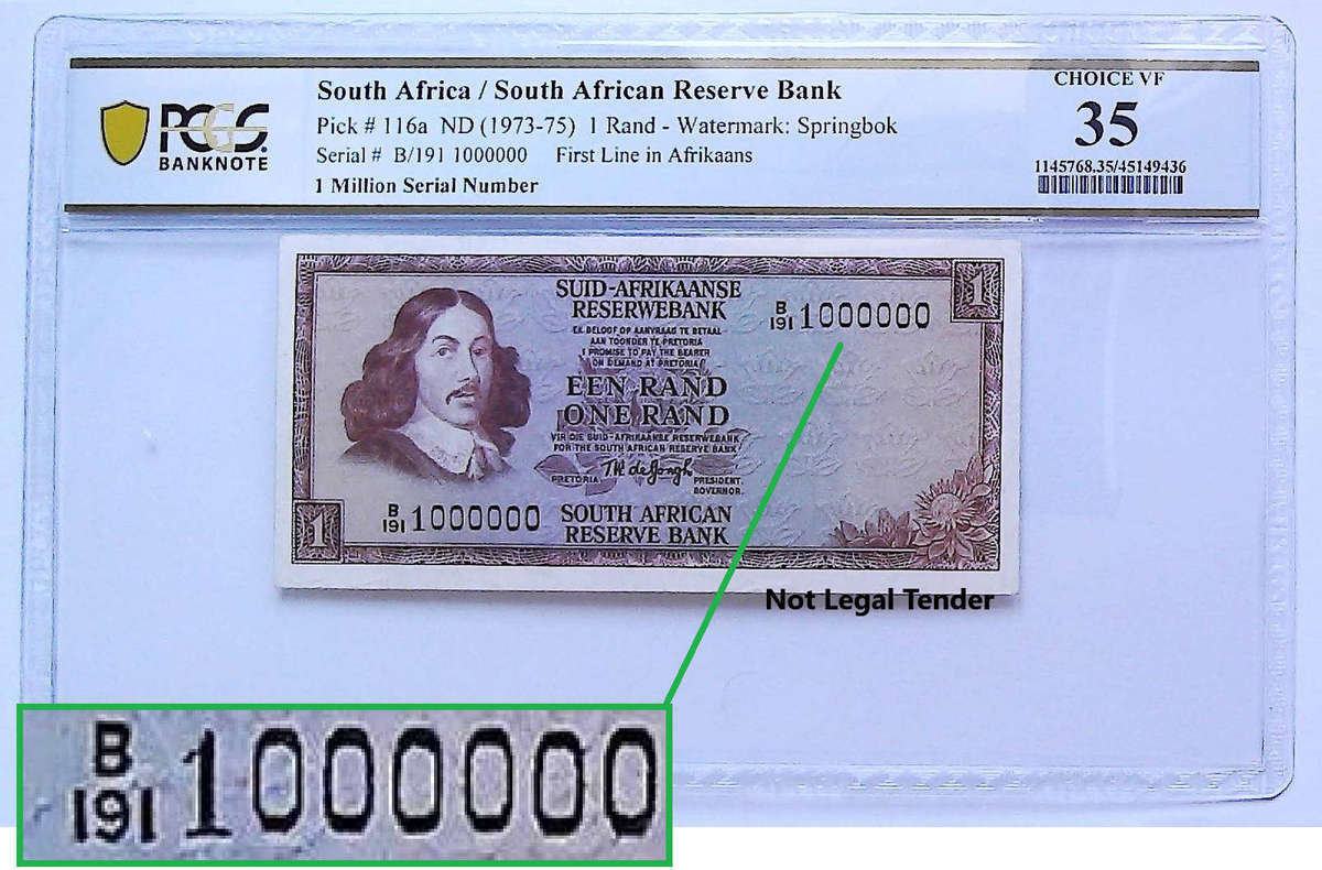 1973 South Africa Type 9 Second Issue TW De Jongh 1 Rand Fancy Serial "1 000 000" Graded Choice VF 3