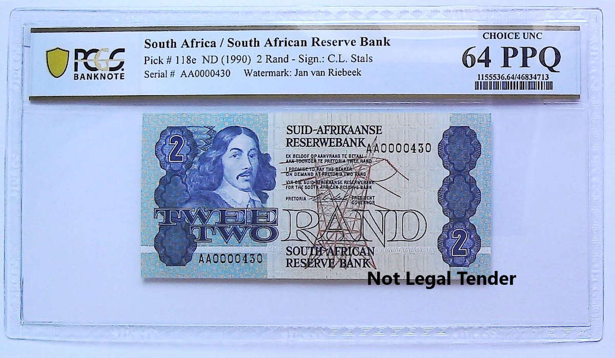 1990 South Africa Type 12 First Issue CL Stals Low Serial AA0000430 Graded Choice UNC 64 PPQ by PCGS
