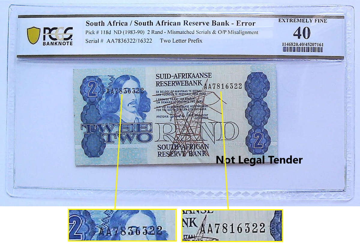 ERROR 1983 South Africa Type 9 Second Issue GPC de Kock R2, Mismatched Serial and miss aligned seria