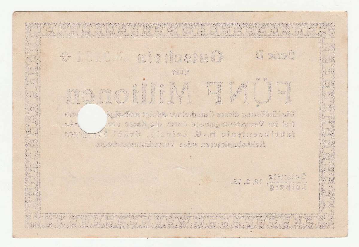 1923 Oelsnitz/Leipzig German Replacement 5 Million Mark Low Serial "0131" with counterstamp
