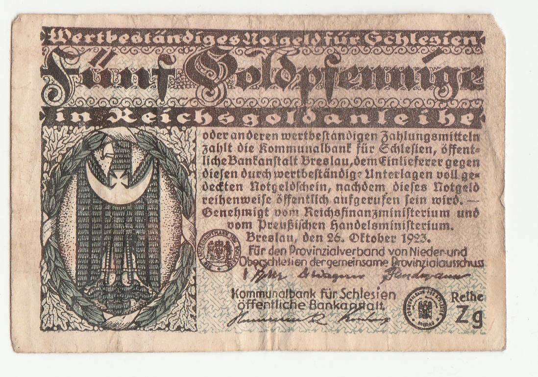 1923 German Breslau Provincial 5 Gold Pfennig