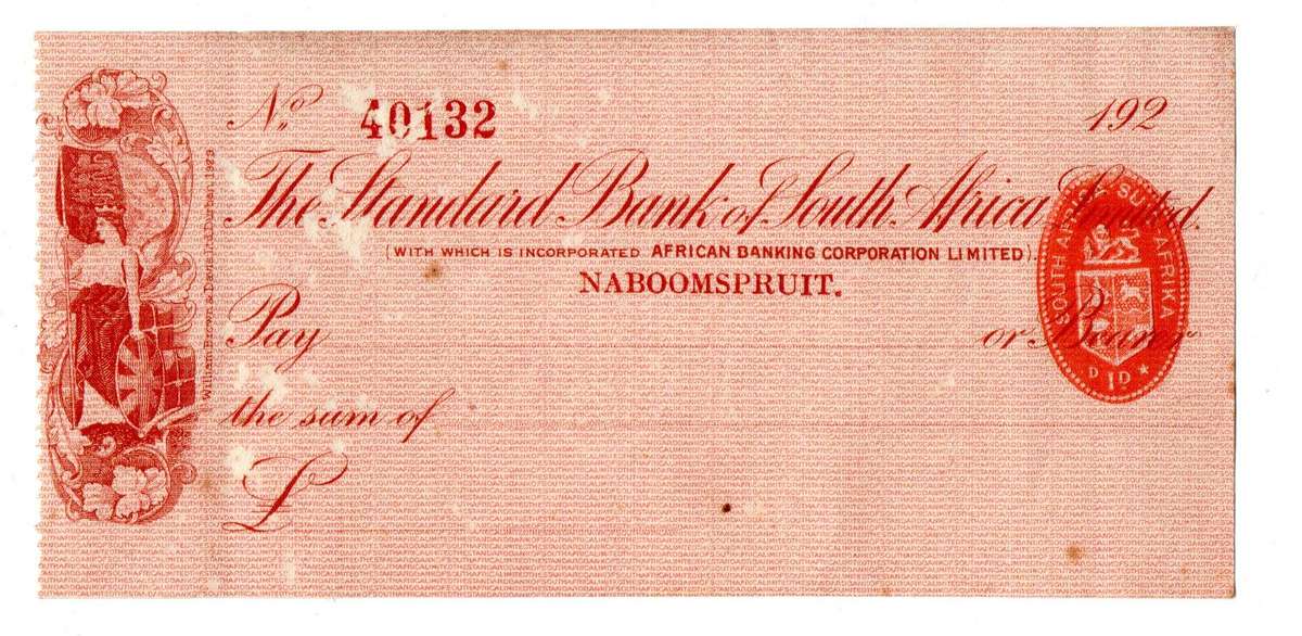 1920's Standard Bank of South Africa Cheque, Namboomspruit, unused