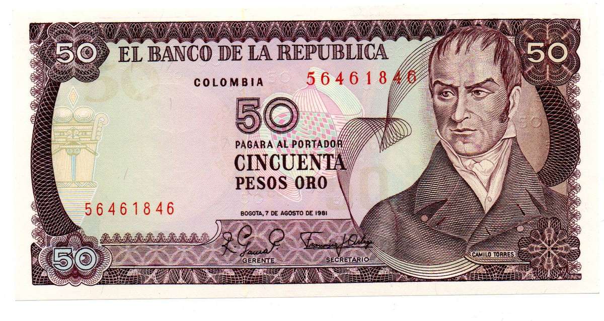 1981 Colombia 50 Pesos Oro UNC, Pick#422a