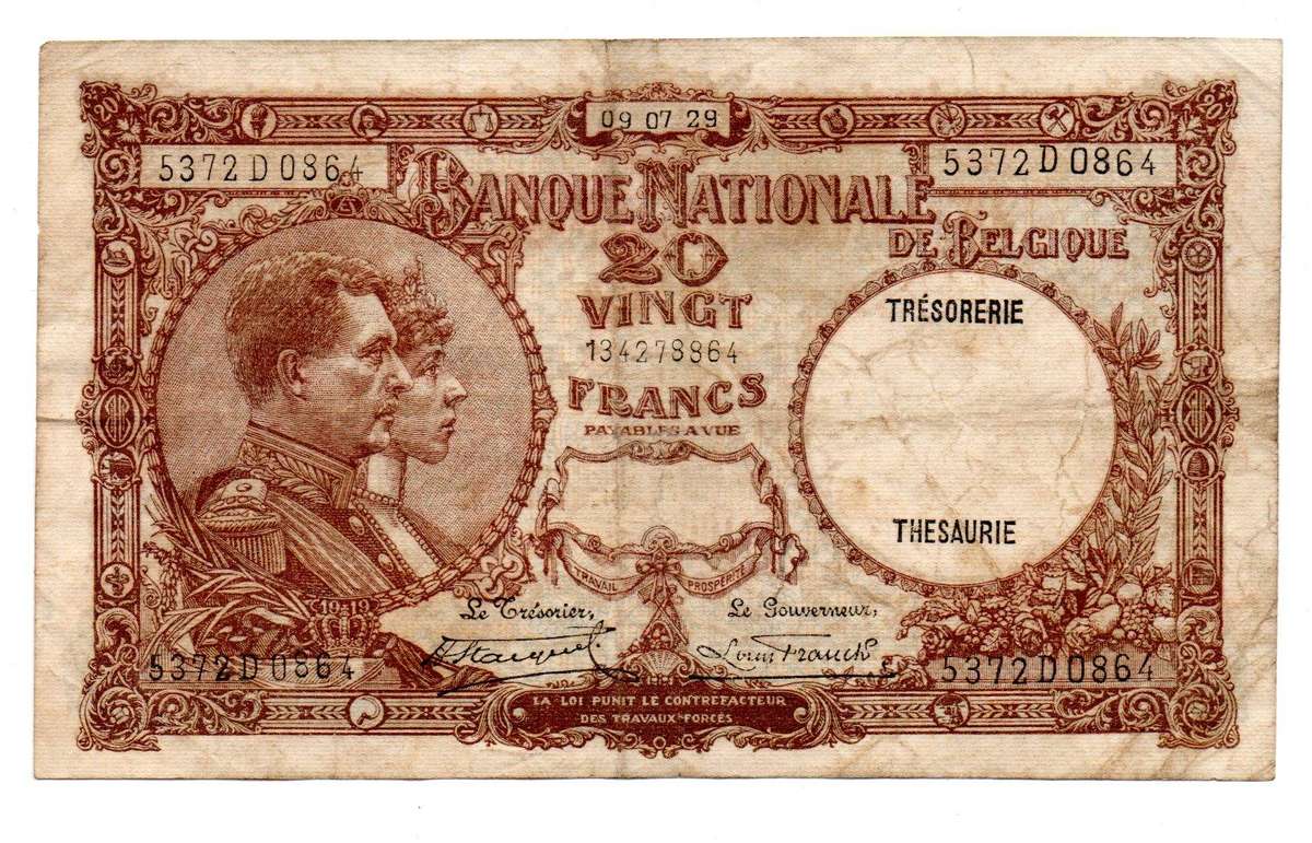 1929 Belgium 20 Franc, Pick#98b