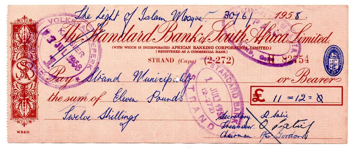1958 The Standard Bank of South Africa Cheque, Strand Cape, 11 Pounds with Chairman, secretary and T