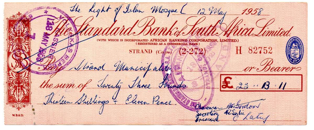 1958 The Standard Bank of South Africa Cheque, Strand Cape, 23 Pounds 13 Shillings with Chairman, se