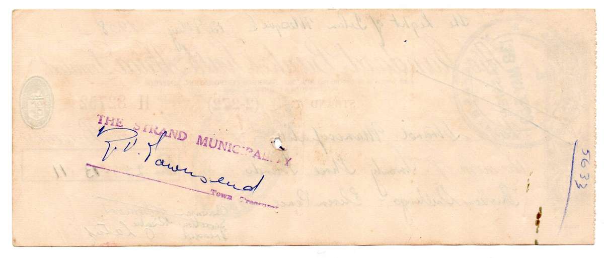 1958 The Standard Bank of South Africa Cheque, Strand Cape, 23 Pounds 13 Shillings with Chairman, se