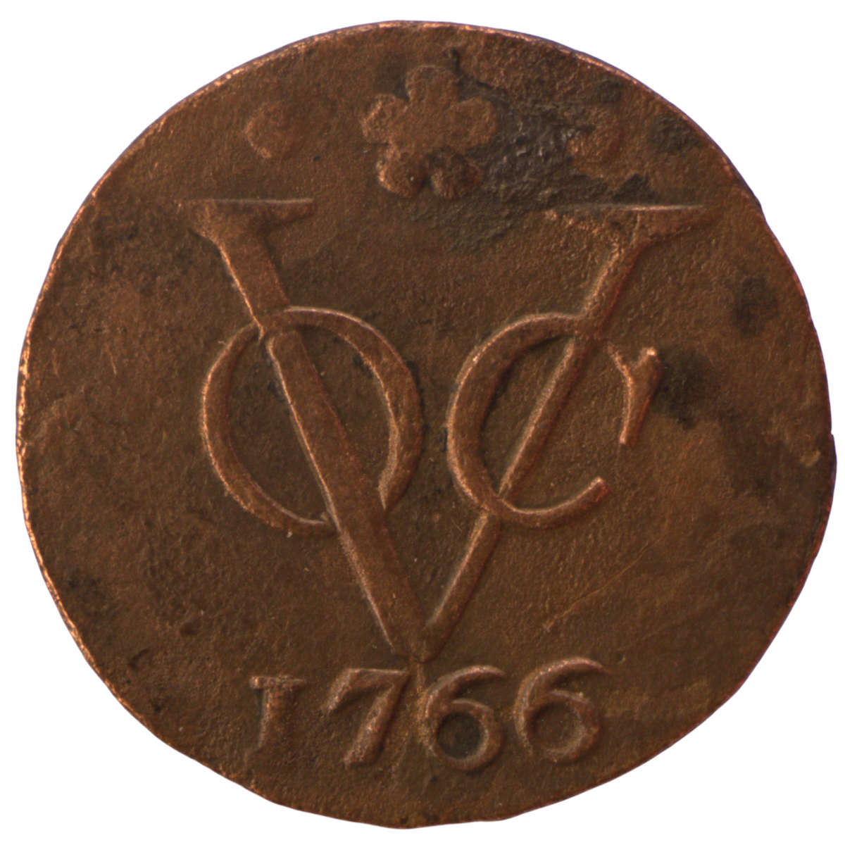 1766 Indonesia Netherlands East Indies United East India Company, mintmark: rosette VOC 1 Duit Dordr