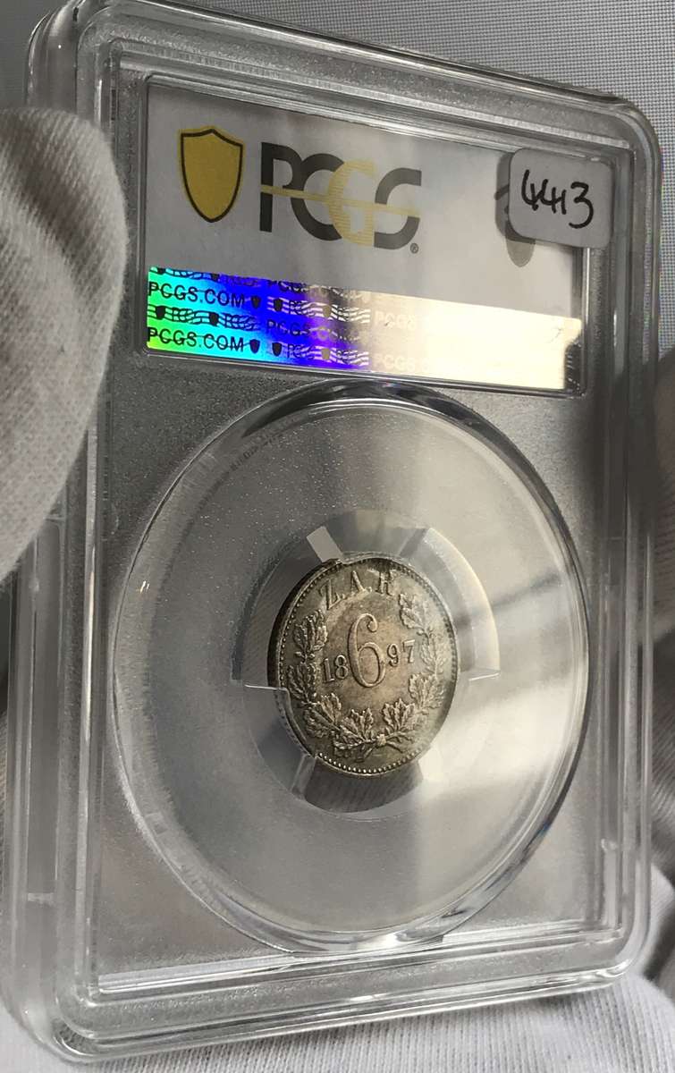 Error 1897 ZAR 6 Pence Graded AU 55 Mint Error Struck Through Reverse by PCGS