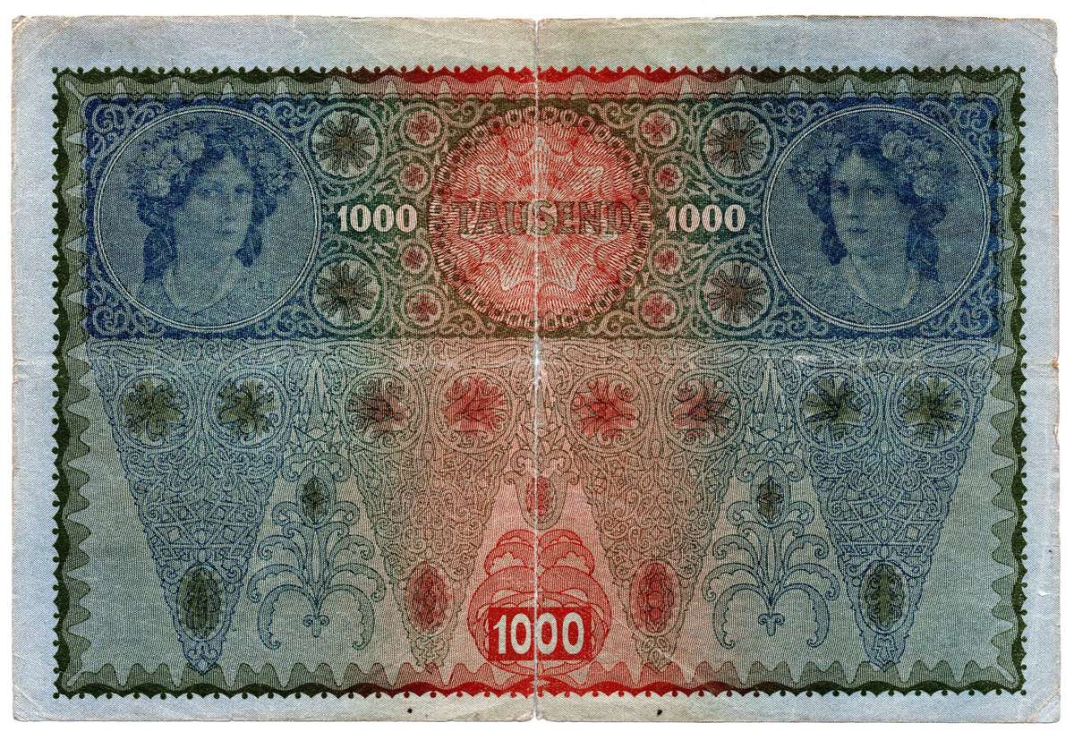 1902 Austria 1000 Kronen Pick#8, centre hole and folds