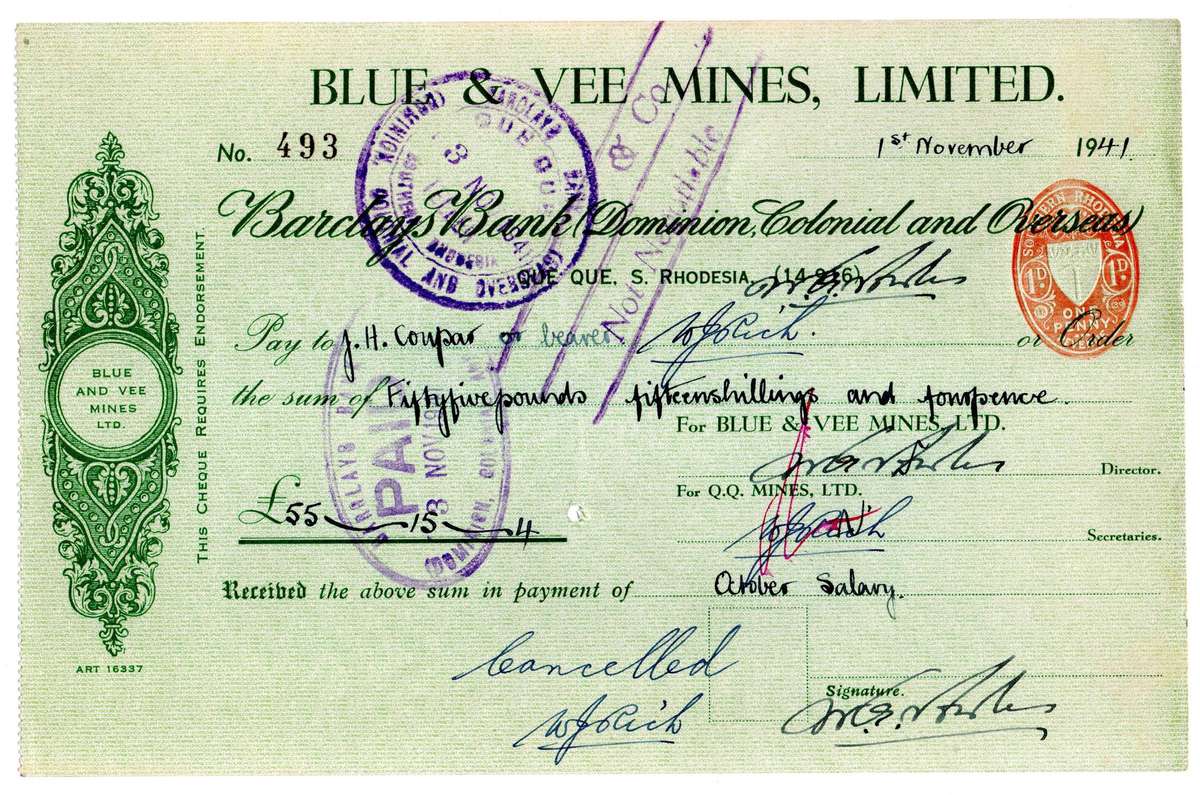 1941 Southern Rhodesia, Barclays Bank - Blue & Vee Mines, Limited Cheque issued for £55 and 15 Shili